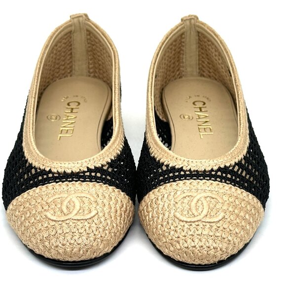 CHANEL 25P CC Raffia Crochet Woven Two Tone Cap Toe Ballerina Ballet Flat Shoes - Picture 5 of 15